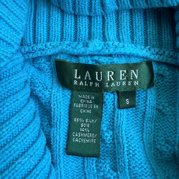 Lauren Ralph Lauren Silk Cashmere Cowl Neck Sweater | Small | Blue | Cable Knit - Picture 3 of 5